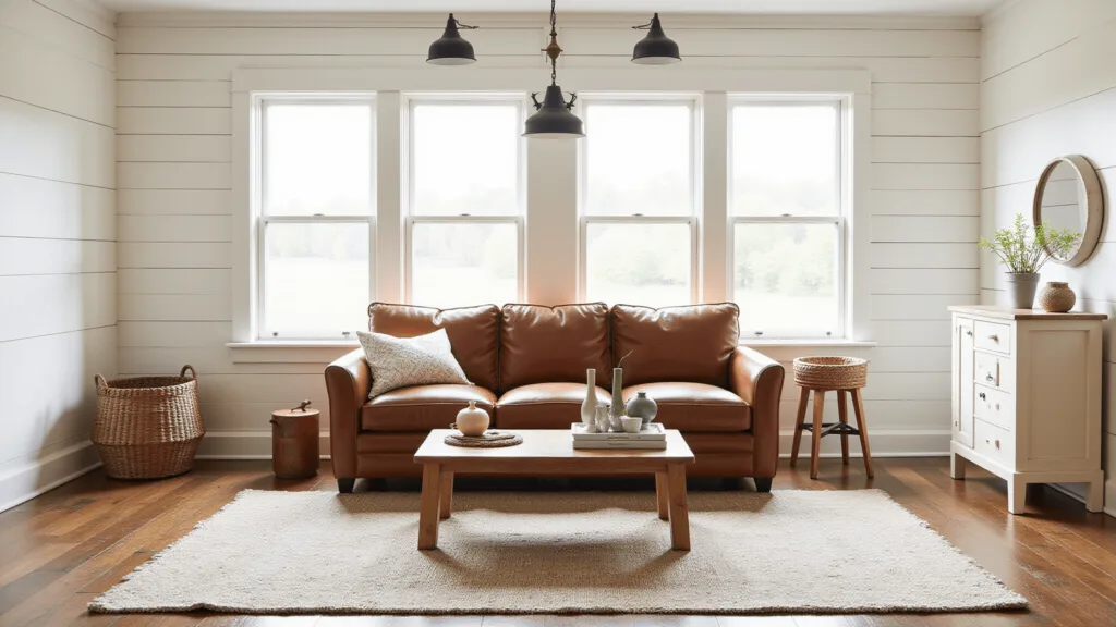 "Sunlight streaming through windows in a modern farmhouse living room featuring cognac leather sofa, reclaimed wood coffee table, cream shiplap walls, vintage Persian rug, black metal pendant lights, woven baskets, and ceramic vases on a clean white background."