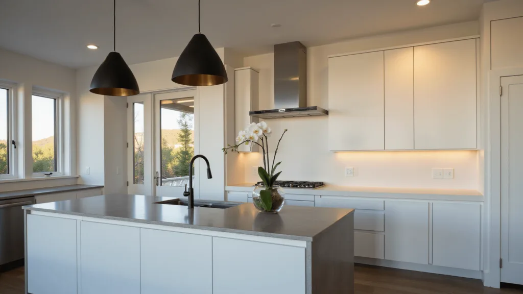 "Sunlit modern kitchen with layered lighting, white quartz island, concrete countertops, white cabinets, and black pendant lights"