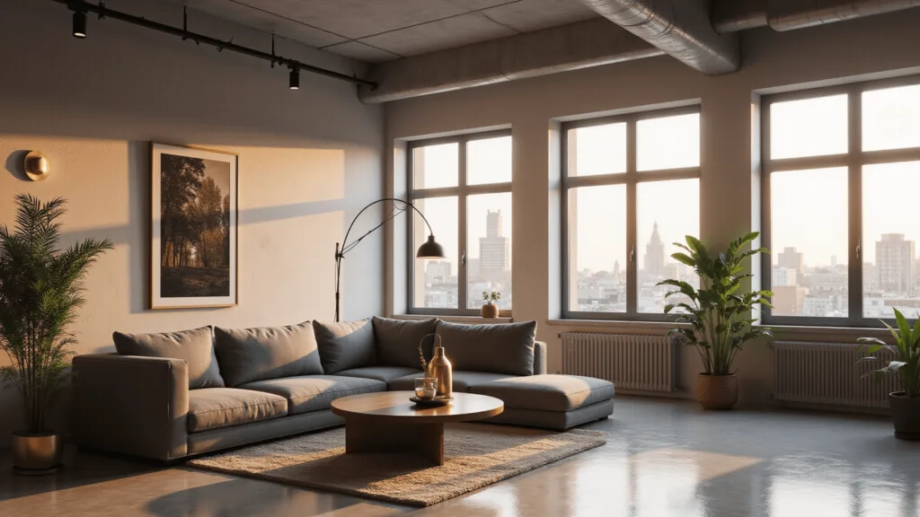 "Modern urban loft living room with gray sectional sofa, concrete walls, brass accents, indoor plants, and floor-to-ceiling windows during golden hour"