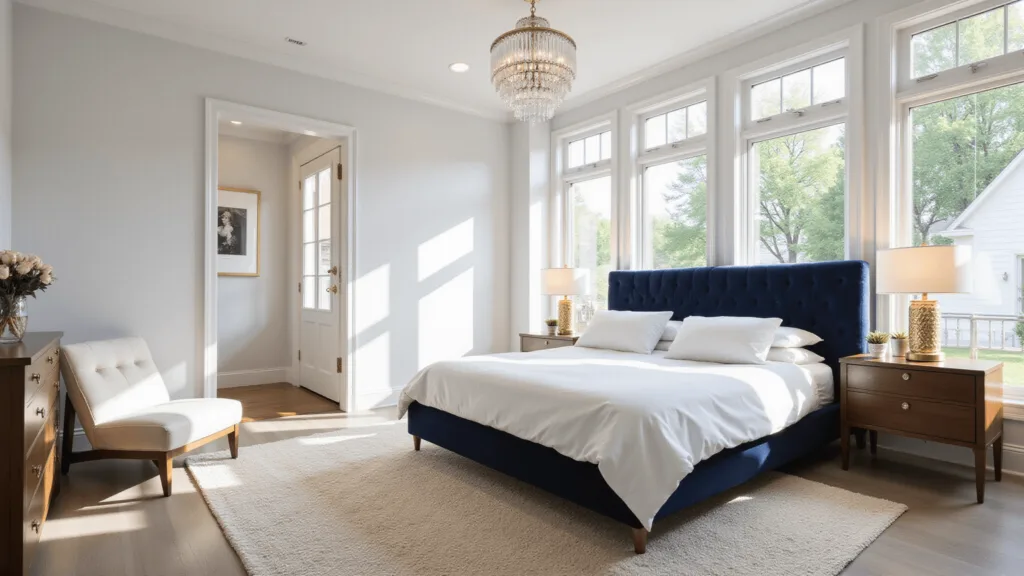 "Modern luxury bedroom with navy velvet headboard, white bedding, brass accents, crystal chandelier, and sunlight streaming in through large windows"