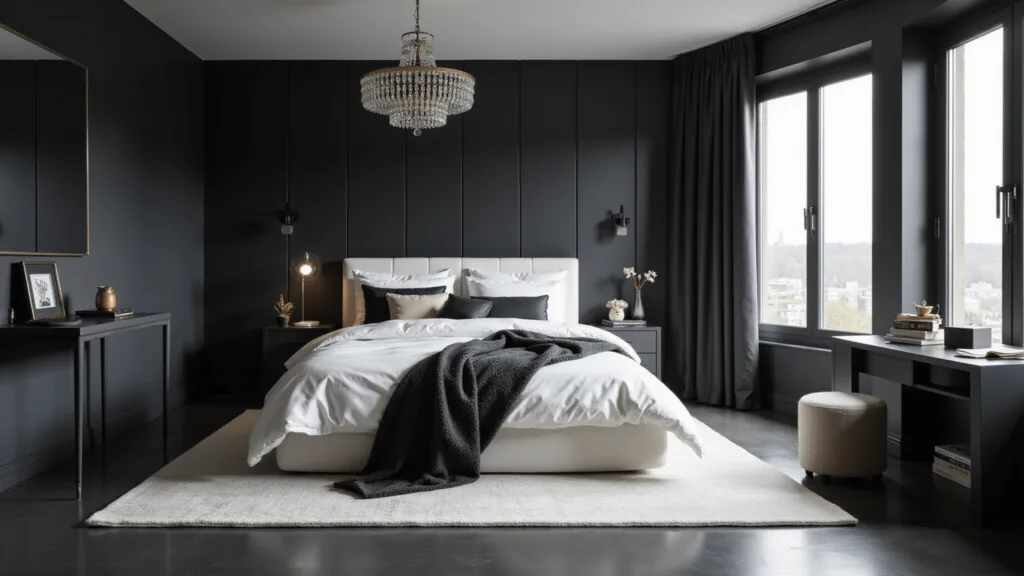 "Modern black and white bedroom with plush bed, metallic accents, crystal chandelier, and natural light"