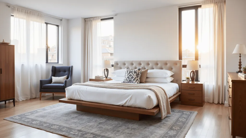 "Modern minimalist bedroom with king-size bed, walnut nightstands, floor-to-ceiling windows, and a grey Persian rug in golden hour sunlight"