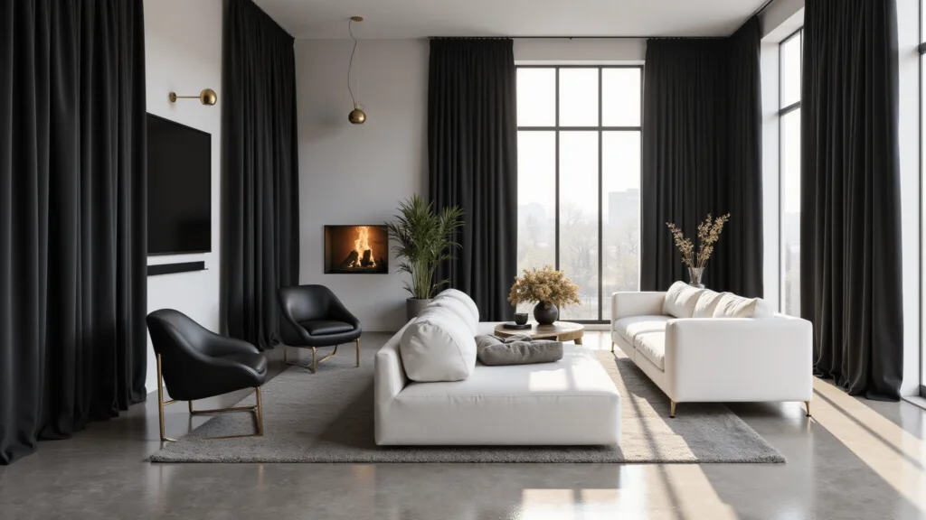 "Modern minimalist living room with floor-to-ceiling black curtains, white sofa, black leather chairs, and concrete floors illuminated by natural morning light"