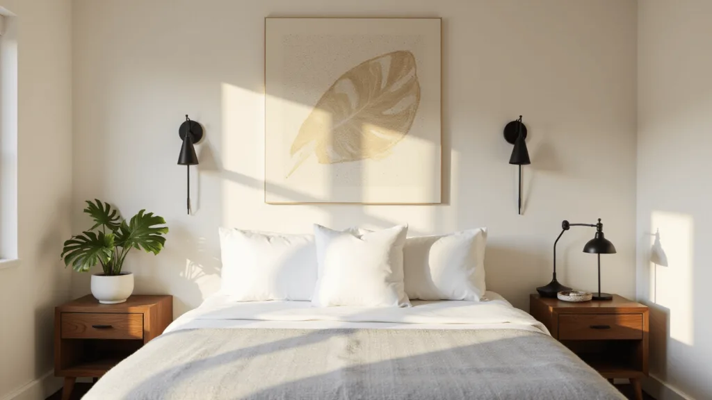 "Modern minimalist guest room with queen bed, walnut nightstands, and monstera plant under natural light"