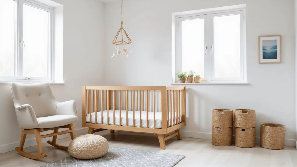 "Modern minimalist nursery with oak crib, oatmeal-colored glider, woven storage baskets, and natural jute pouf in morning sunlight"
