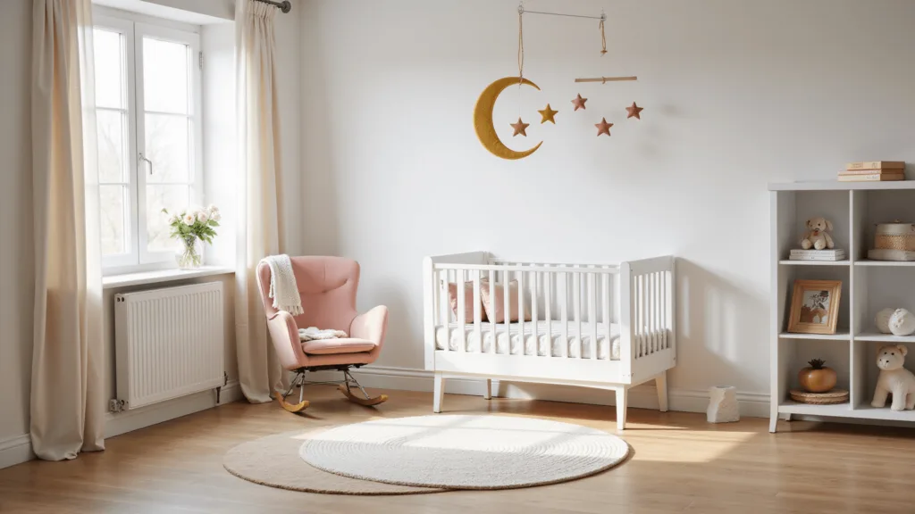 "Modern nursery interior with white crib, dusty rose glider, moon and stars mobile, and neutral decor in soft morning light"
