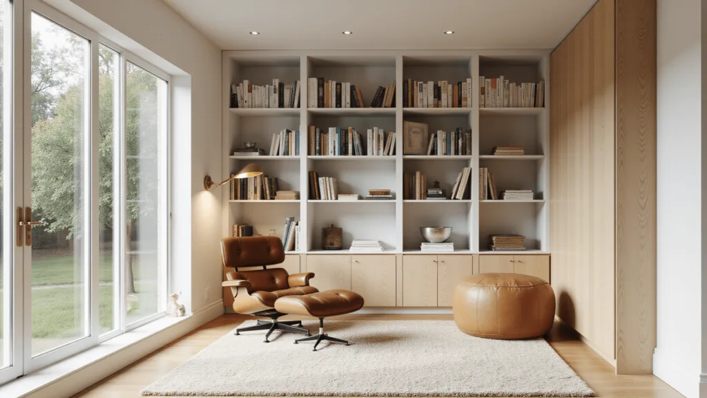 "Modern home library with white oak shelves, Eames leather chair, brass reading lamp, and large windows allowing natural light."