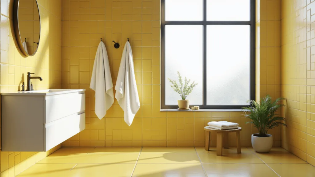 "Modern yellow-tiled bathroom with white fixtures, natural light and minimalistic decor"
