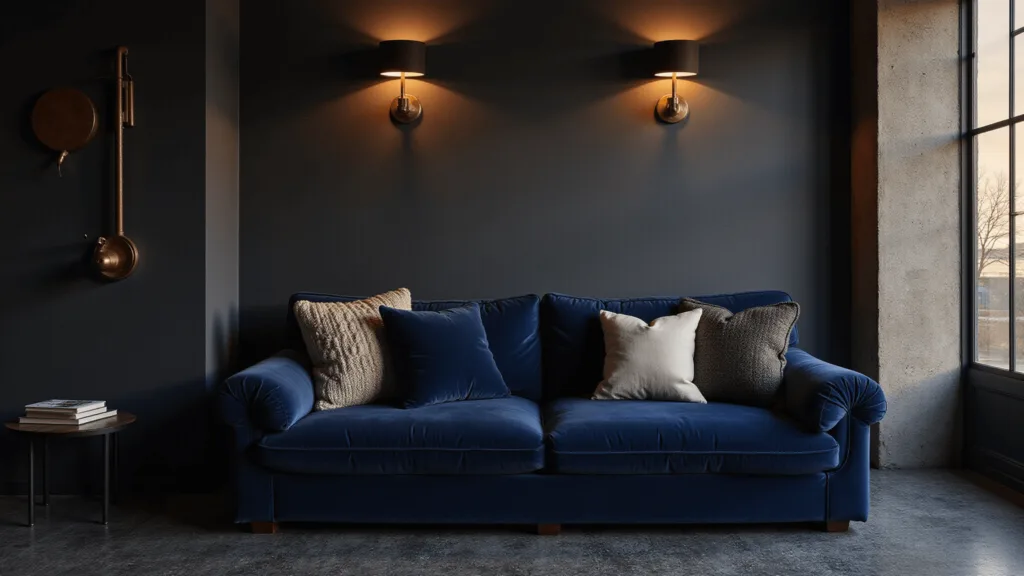 "Dark moody interior with blue velvet sofa, warm lighting, and rich textures against charcoal walls"