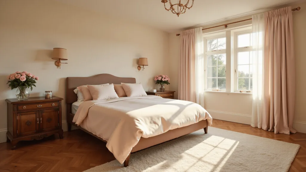 "Romantic master bedroom in golden hour light with pink silk bedding, vintage brass sconces, fresh roses and a plush Moroccan rug."