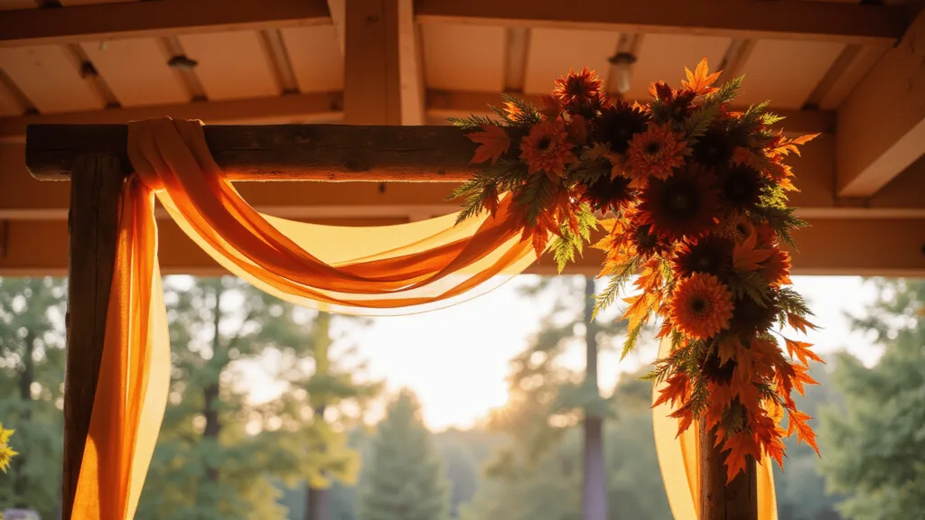 "Rustic wedding arch with burgundy dahlias and orange maple leaves in warm golden hour light"