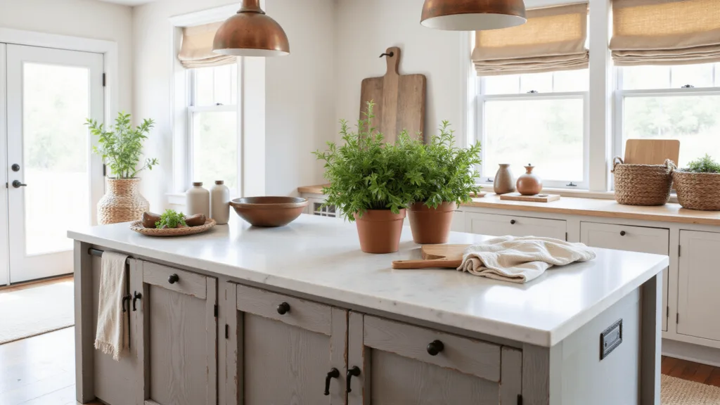 "Sunlit rustic farmhouse kitchen island with gray wooden base and white marble top, decorated with vintage copper bowls, fresh herbs, woven baskets, and ceramic canisters in a bright, airy setting."