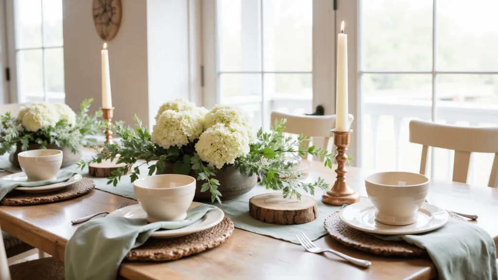"Rustic farmhouse table setting with vintage ceramics, green linen napkins, copper accents, and hydrangea centerpiece in a sunlit kitchen"