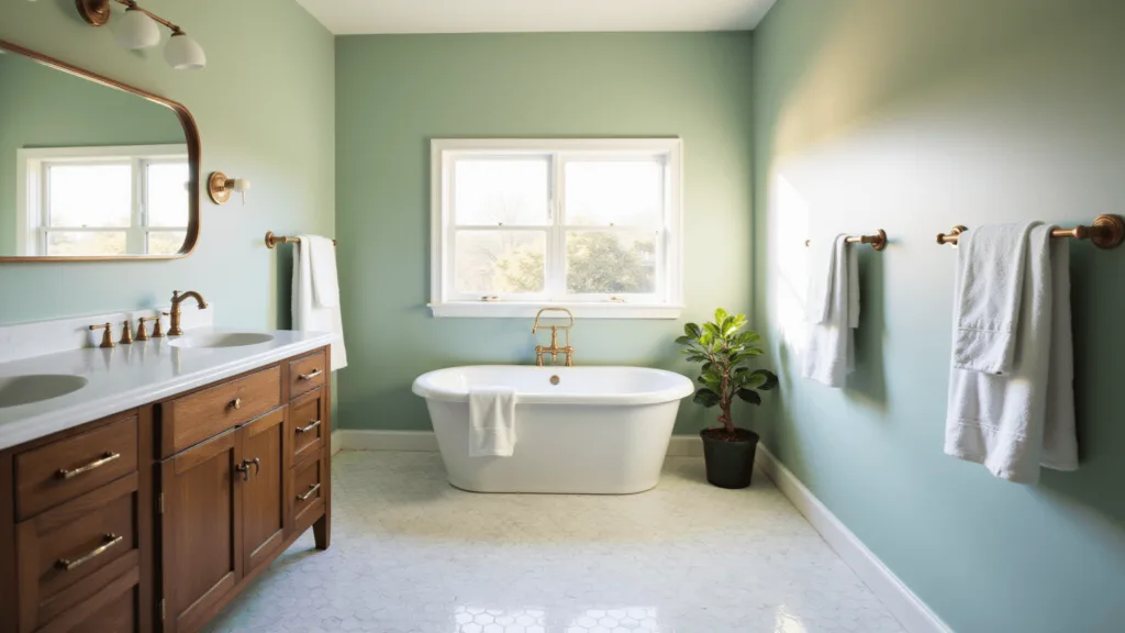 "Sage green bathroom with white marble floor, walnut vanity, and brass fixtures bathed in natural light"
