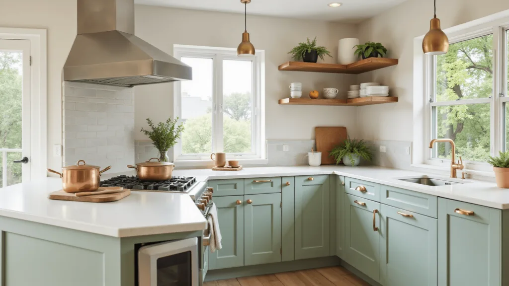"Sage green kitchen with white quartz countertops, wood accents, brass hardware, and sunlit interior"