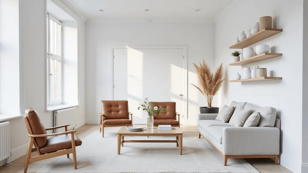 "Scandinavian living room with white walls, bleached oak floor, linen sofa, leather chairs, ceramic vases, pampas grass in morning light"