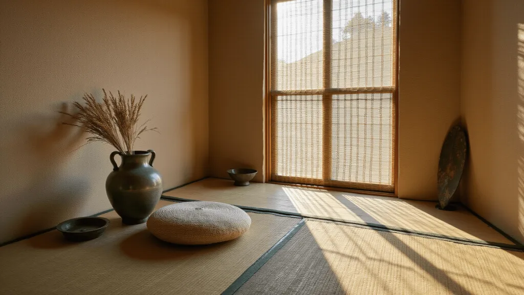 "Sunlit meditation alcove with rammed earth walls, bamboo screens, and traditional Japanese decor during golden hour"