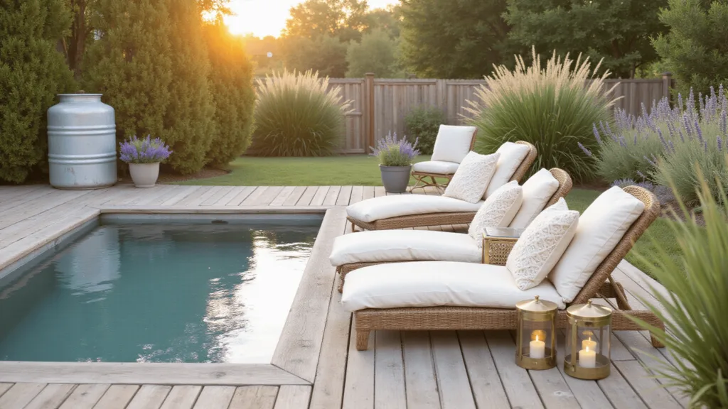 "Dreamy backyard at sunset featuring a galvanized steel stock tank pool, wooden deck, macramé cushions, grasses, lavender bushes and warm light from solar lanterns"