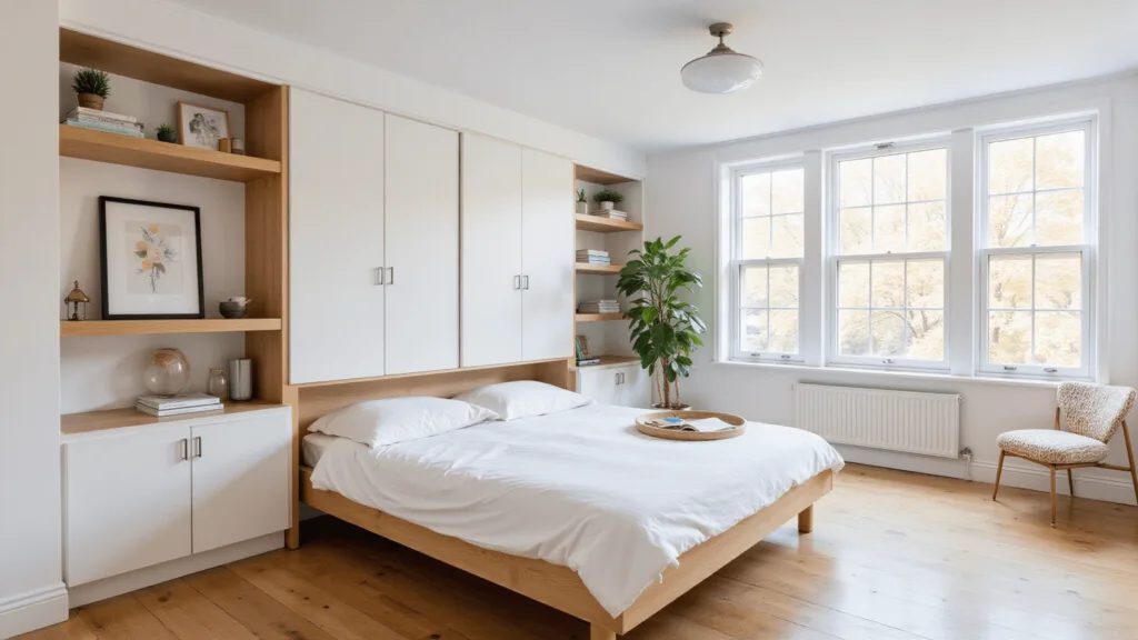 "Sunlit studio apartment in Scandinavian style with white walls, oak flooring, Murphy bed built into shelving and a fiddle leaf fig plant, illuminated by floor-to-ceiling windows during golden hour"