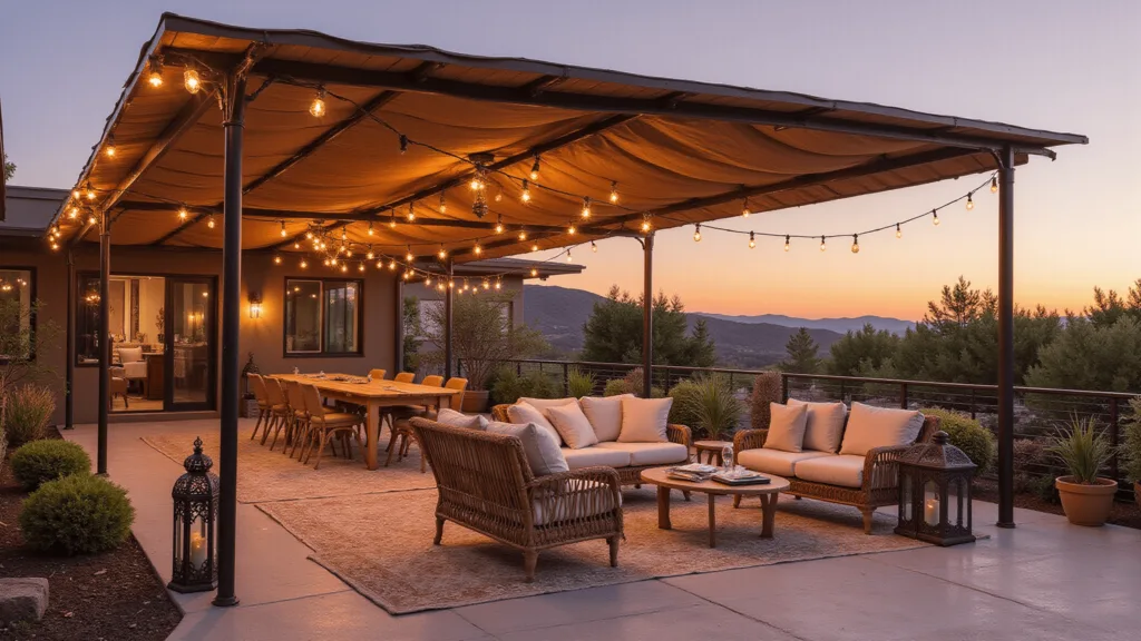 "Eclectic patio covered in wood and fabric, furnished with vintage rattan seating, featuring Moroccan lanterns, potted plants and string lights under golden-pink sunset light."