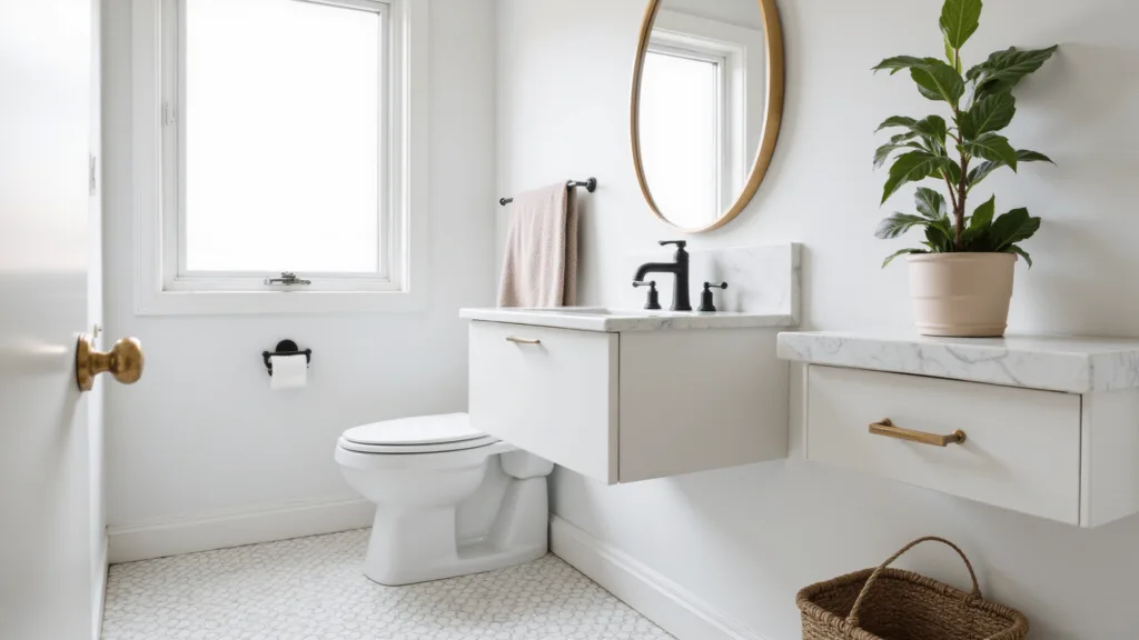 "Minimalist white marble bathroom with brass fixtures bathed in morning sunlight"