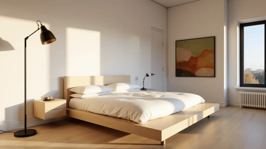 "Minimalist urban bedroom bathed in golden hour sunlight with a low-profile platform bed, light oak flooring, and subtle brass accents"