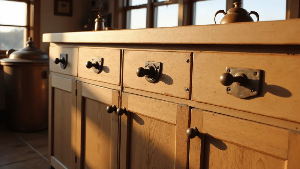 "Antique brass, copper and iron hardware on weathered oak cabinets in a sunlit farmhouse kitchen during golden hour"
