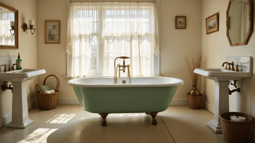 "Vintage bathroom with mint green clawfoot tub, brass fixtures, and afternoon sunlight filtering through a lace curtain"