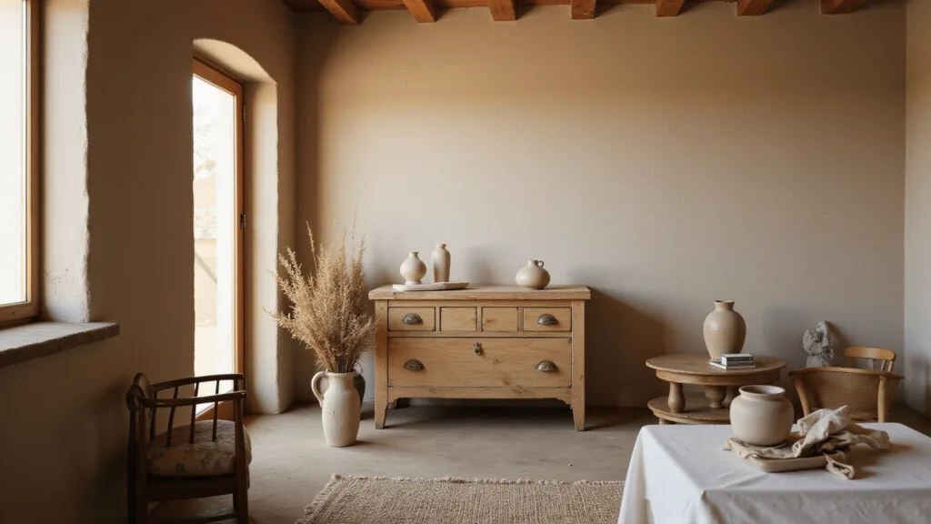 "Warm sunlit rustic interior with weathered wood furniture, ceramics, and dried botanicals in a serene wabi-sabi design"