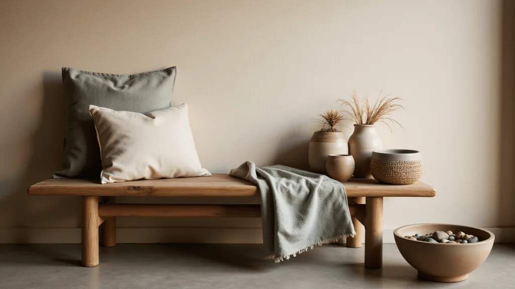 "Weathered teak bench with oatmeal linen cushions and sage throws, ceramic vessels with dried pampas grass, and a bowl of river stones against a cream wall under golden hour light"