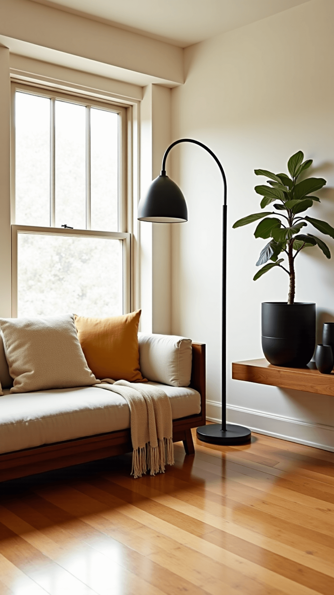 Warmly lit spacious living room with floor-to-ceiling windows, minimalistic furniture, and serene decor including a potted fiddle leaf fig and matte black ceramics on a floating wooden shelf.