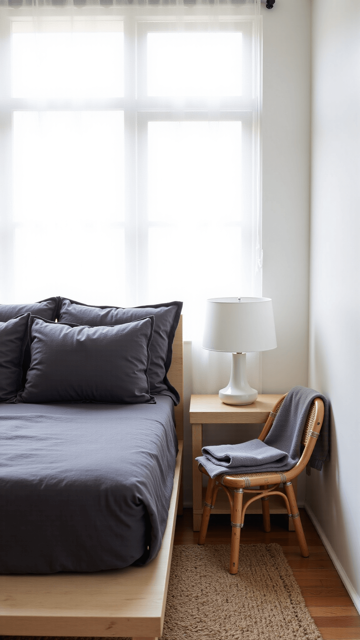 Peaceful 12x14ft bedroom at dawn lightened by sheer white linen curtains. The scene includes a low platform bed in pale ash wood with charcoal bedding, a ceramic bedside lamp, and a bamboo chair showcasing a gray cashmere throw against a textured woven grass mat.