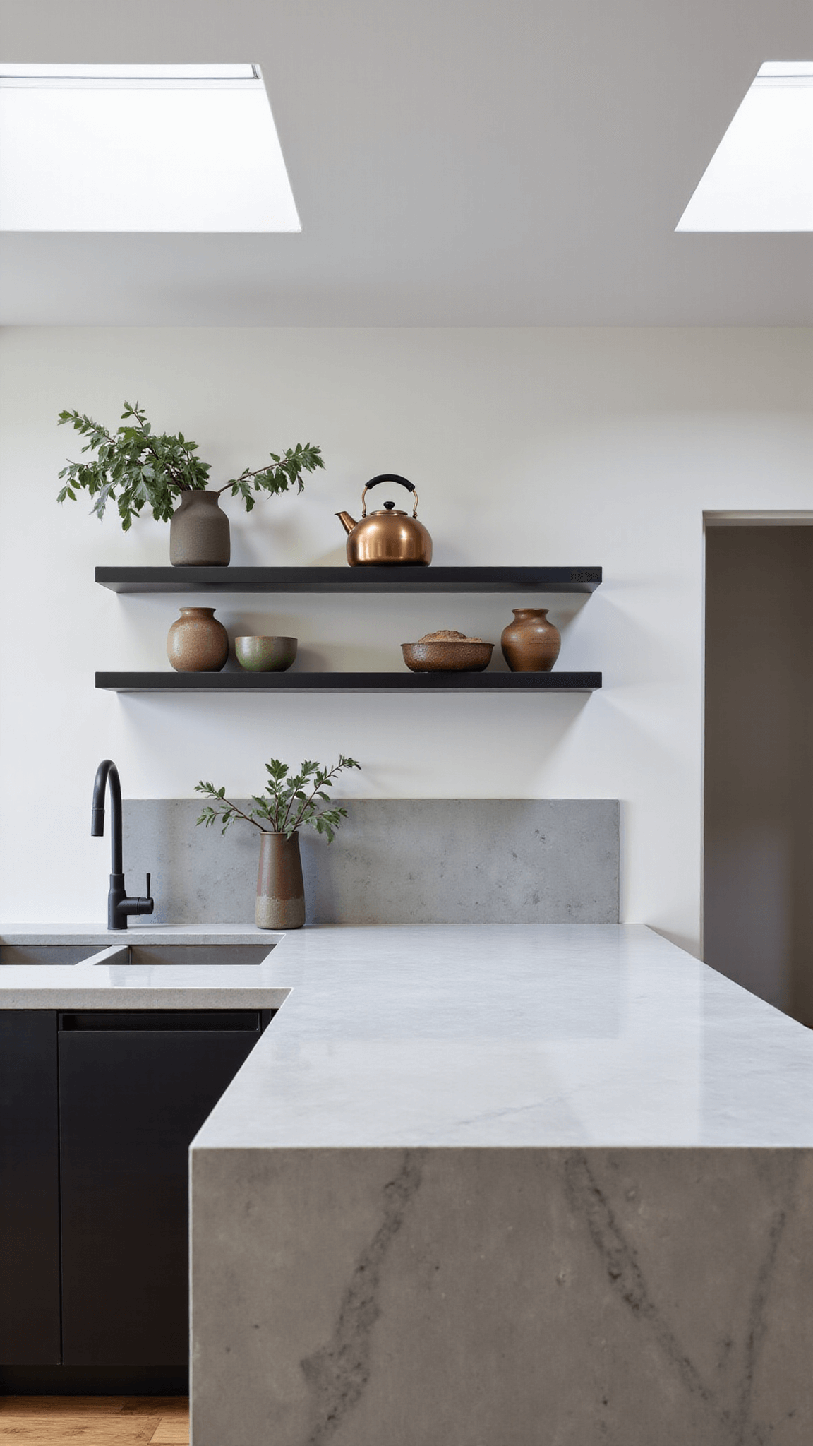 Minimalist kitchen with concrete island, black steel shelves, artisanal stoneware, and natural light from skylights