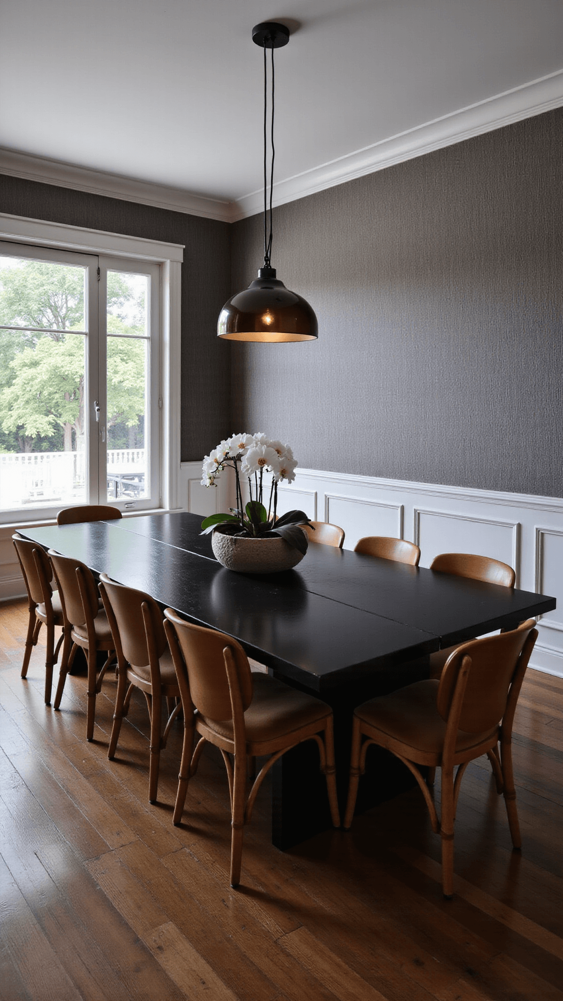 Elegant dining room at dusk with long black oak table, bentwood chairs, low-hanging smoked glass pendant light, gray grasscloth wallpaper, and a stone centerpiece with white orchid.
