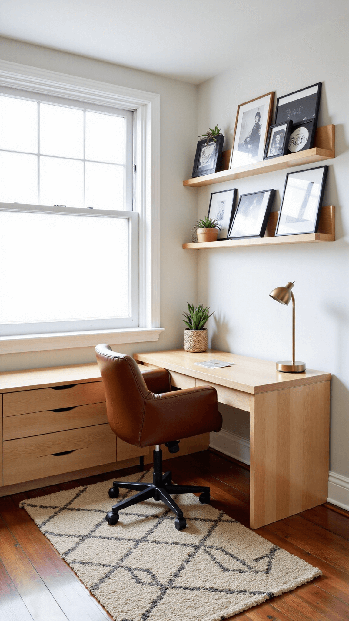 Morning-lit home office nook with built-in bleached maple desk, handwoven wool rug, leather chair, floating shelves with framed black and white photos, and brass task lamp