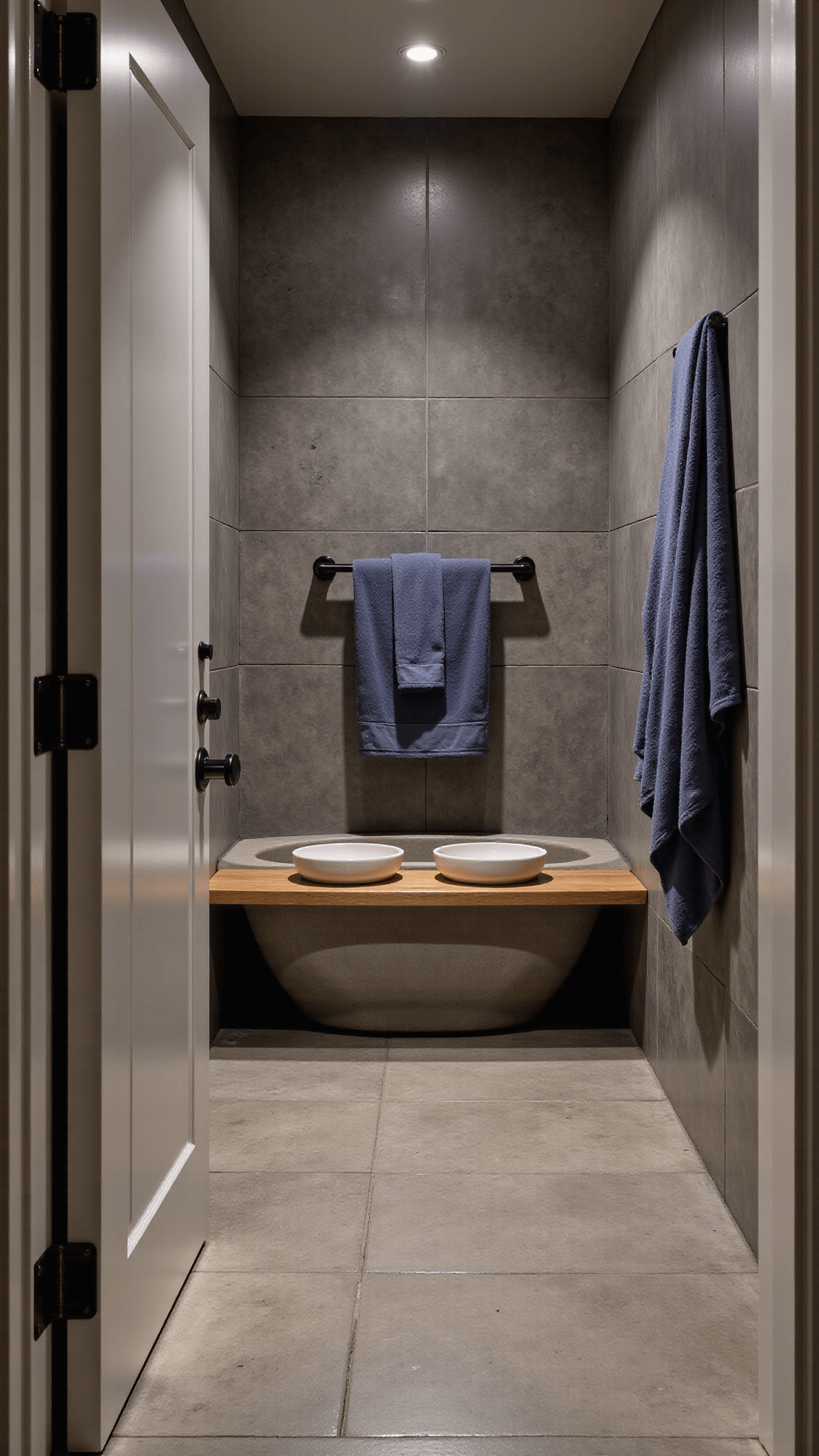 Luxurious bathroom sanctuary with concrete tub, limestone tiles, teak shower bench, and slate blue linen towels at twilight captured from doorway with soft indirect light
