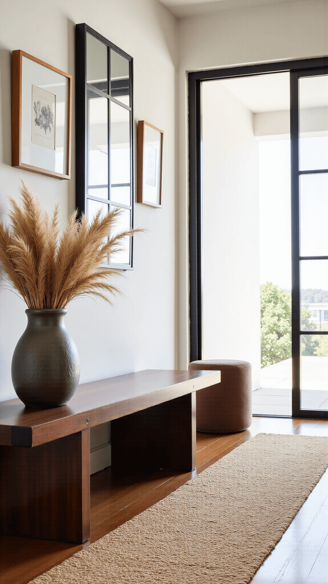 Morning light illuminating an entryway with modern shoji screen divider, low wooden bench with ceramic vessel and dried pampas grass, leading sisal runner and reflecting mirror in black metal frame, giving a welcoming and zen-like mood