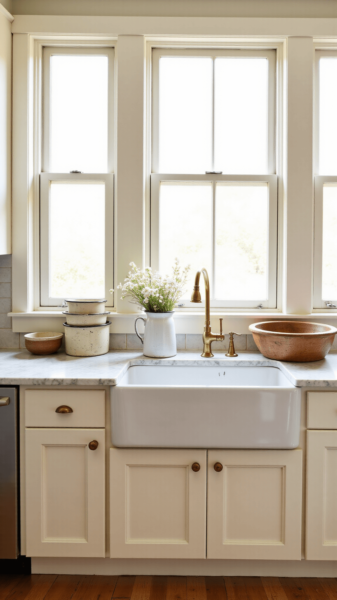 Sunny 12x15ft farmhouse kitchen with ceiling-height white cabinets, white oak floors, a farmhouse sink under dual windows, and a marble countertop showcasing vintage ceramics, all bathed in a warm glow from natural backlighting.