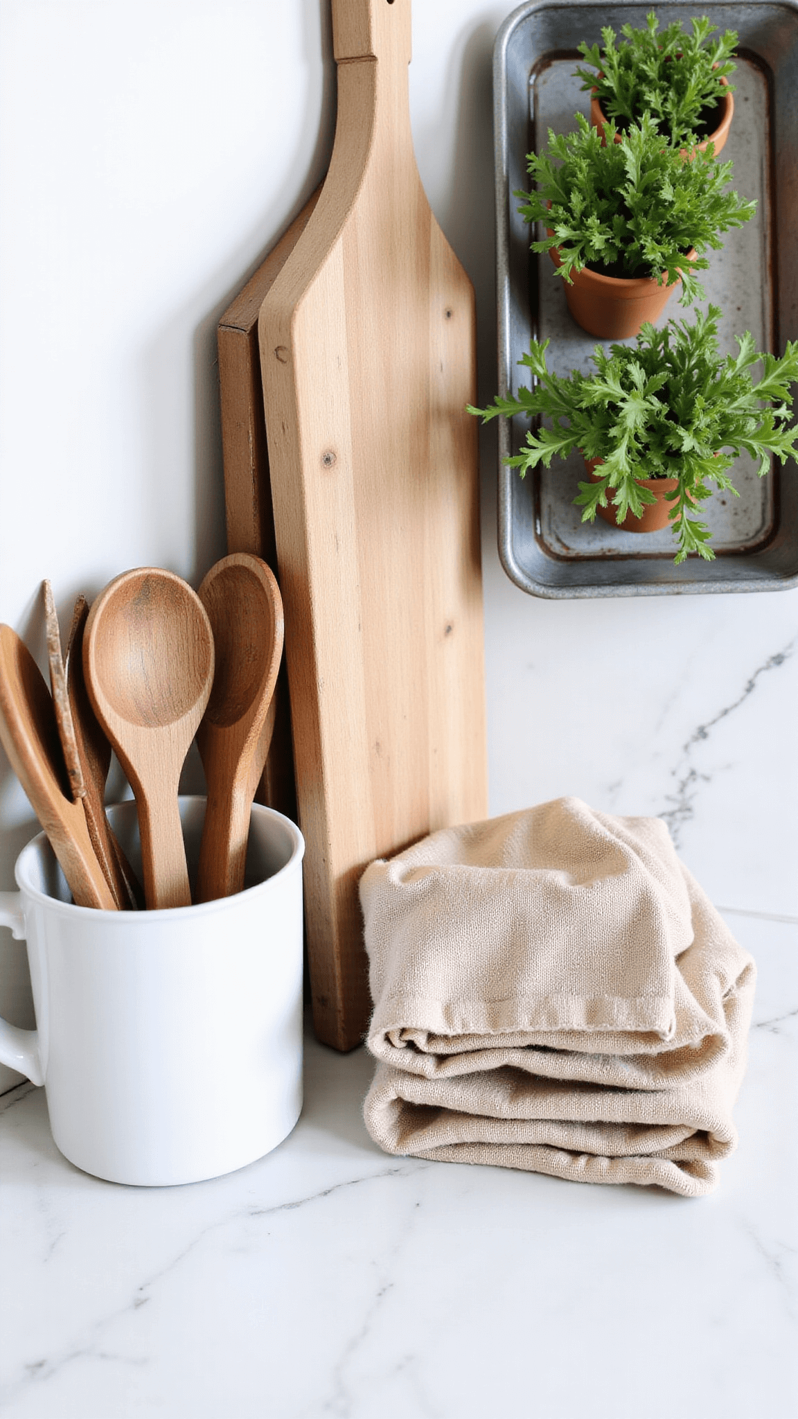 Overhead view of a modern farmhouse styled kitchen island featuring weathered cutting boards, ceramic container with wooden spoons, and fresh herbs in terracotta pots on a vintage tray; contrasting textures of marble, wood, and woven linens illuminated by soft lighting.