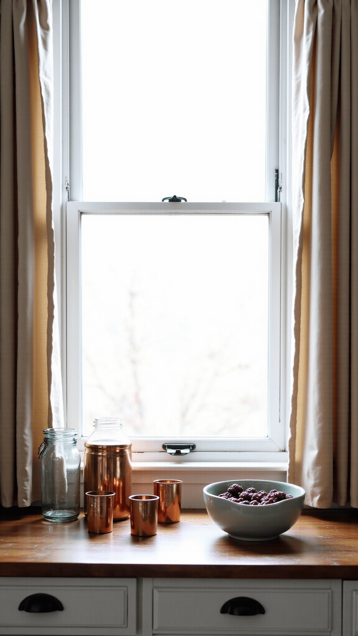Early morning light filtering through natural linen café curtains in a kitchen with white cabinetry, black iron hardware, and a 8ft butcher block counter displaying a vignette of glass canisters, copper measuring cups, and ceramic berry bowls.