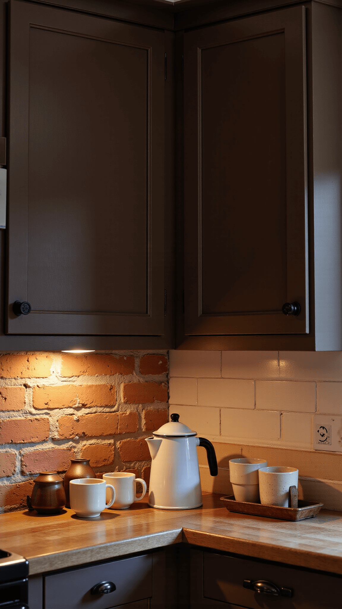 Vintage enamel coffee pot on a brick backsplash with cream stoneware mugs under warm lighting in a cozy farmhouse kitchen at dusk