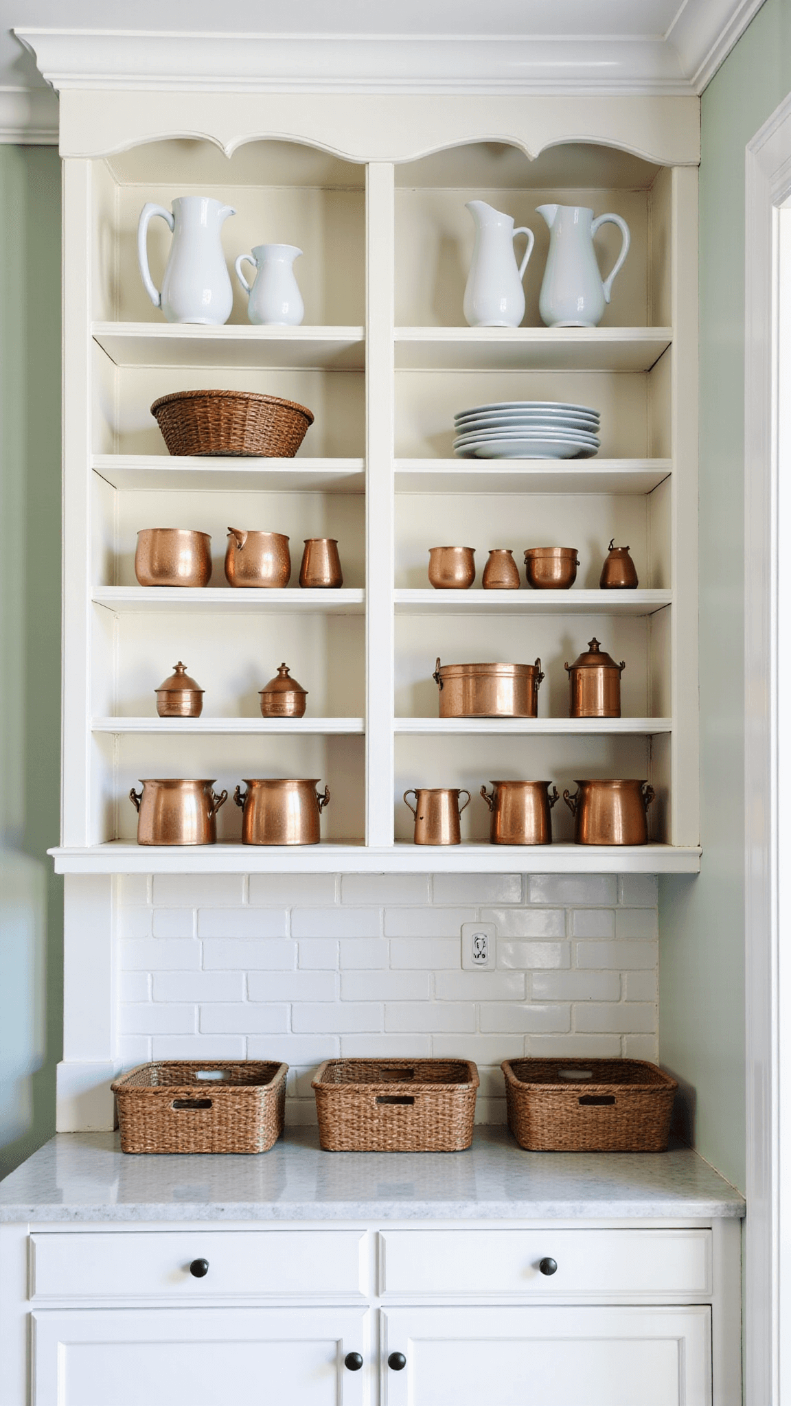Bright afternoon kitchen with distressed white open shelving, ironstone pitchers, copper molds, baskets, and sage green accent wall