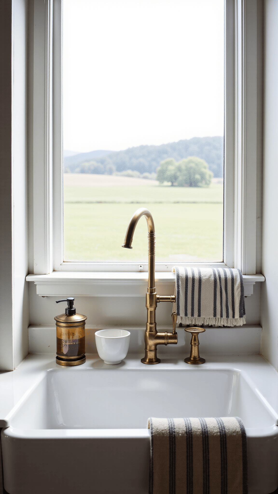 Farmhouse sink with vintage soap dispenser, ceramic dish brush holder, and striped linen towels in morning light with pastoral views through the window