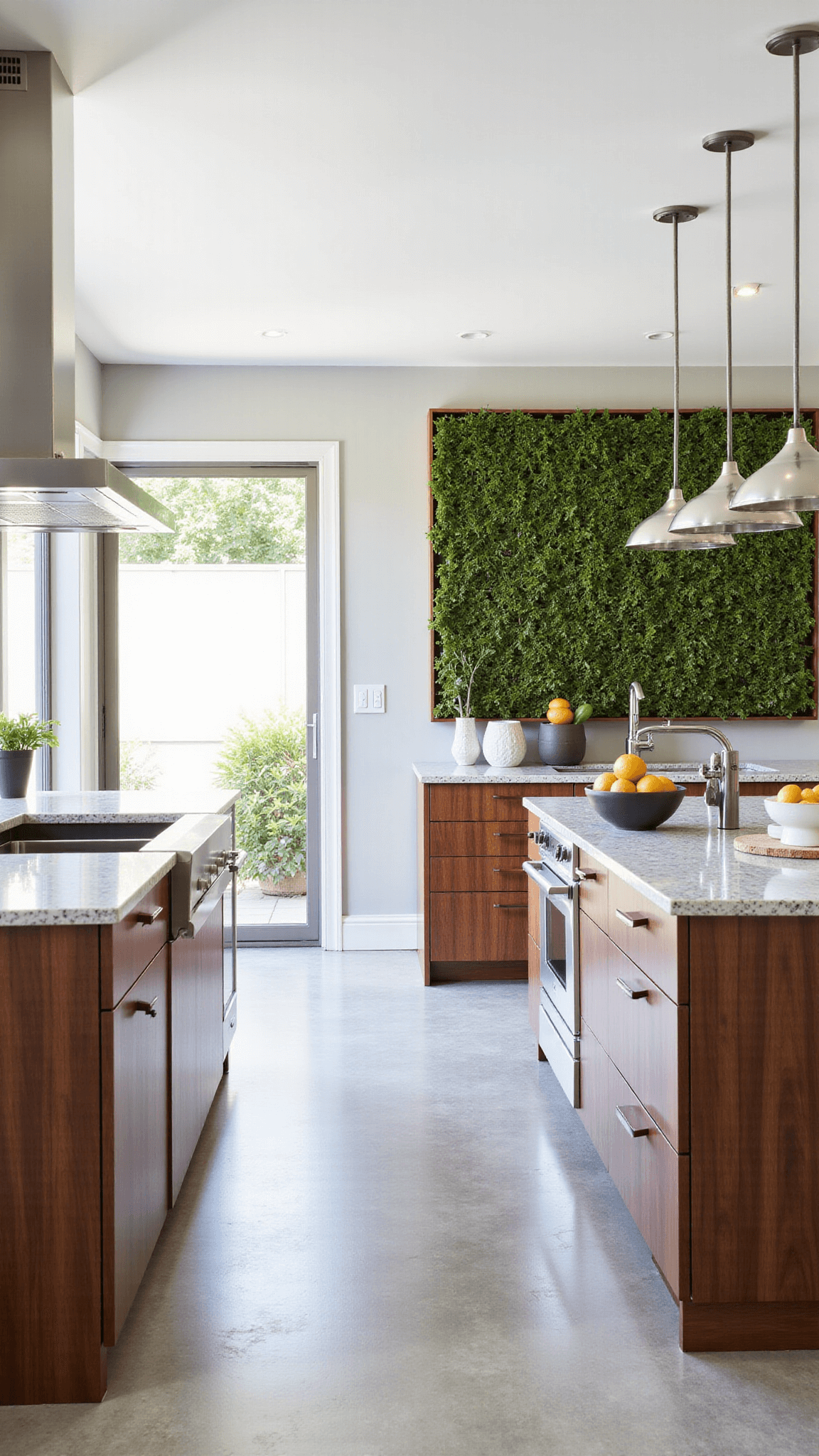 California-modern kitchen with walnut cabinetry, terrazzo countertops, living herb wall and mixed metals. Styled with citrus fruit, ceramic vessels and natural linens. Indoor-outdoor flow through sliding glass doors highlighted by bright, airy lighting.