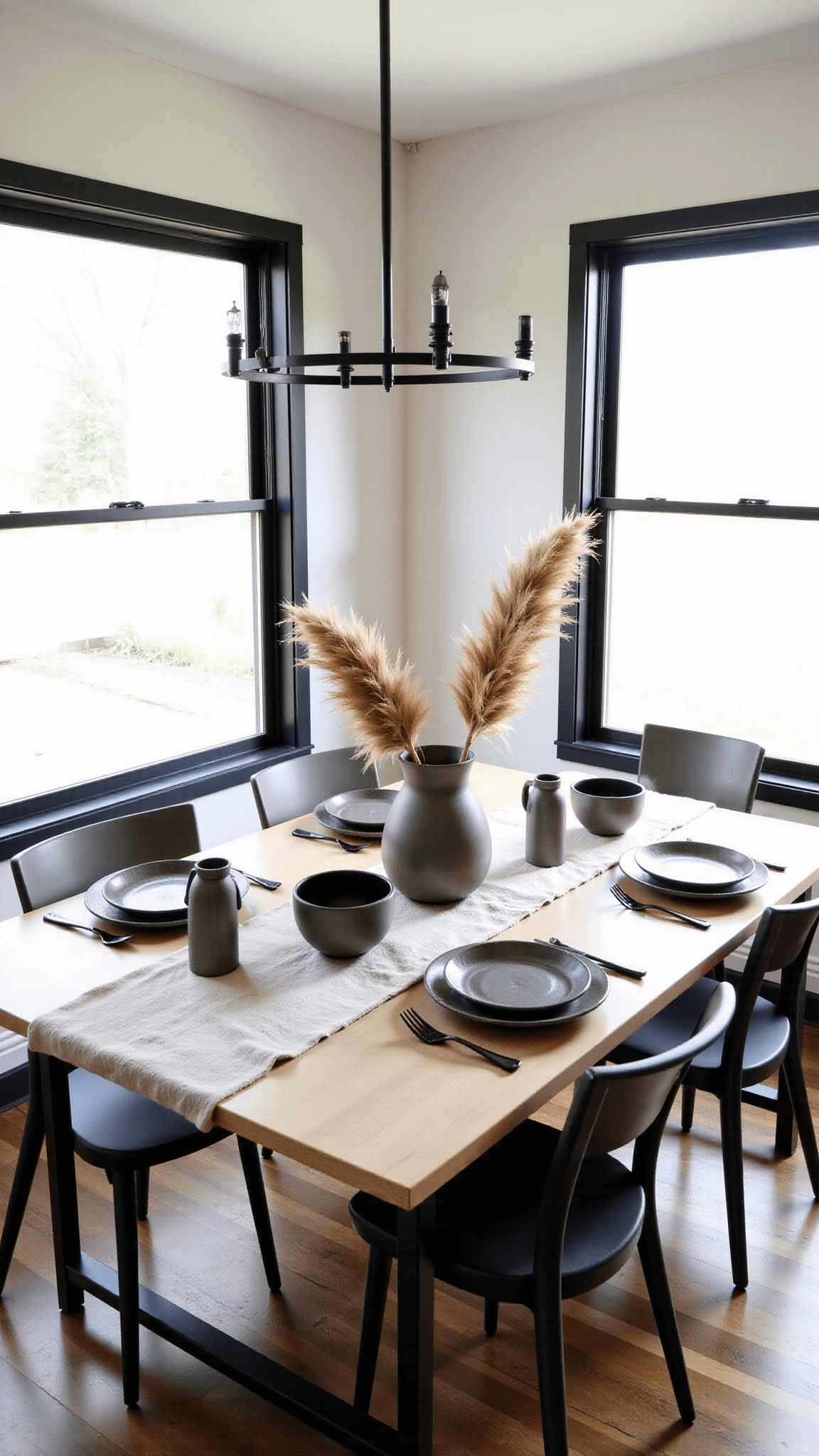 Sophisticated rustic dining space featuring a large 9ft white oak table with minimalist styling, greige handmade pottery place settings, matte black cutlery, and a metal chandelier, bathed in dramatic midday shadows from steel-framed windows.
