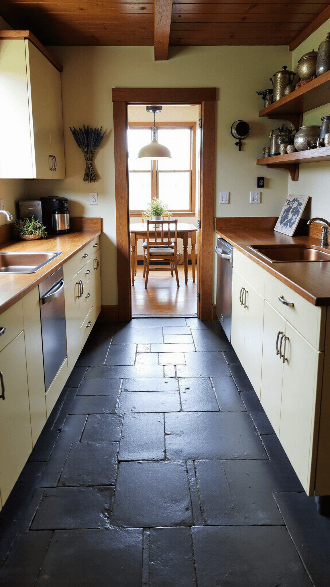 Cozy 8x14ft galley kitchen with slate tile flooring, cream cabinets, copper sink, wooden shelving with ironstone collection, and dried lavender bunches hanging from ceiling beam in the late afternoon sunlight.