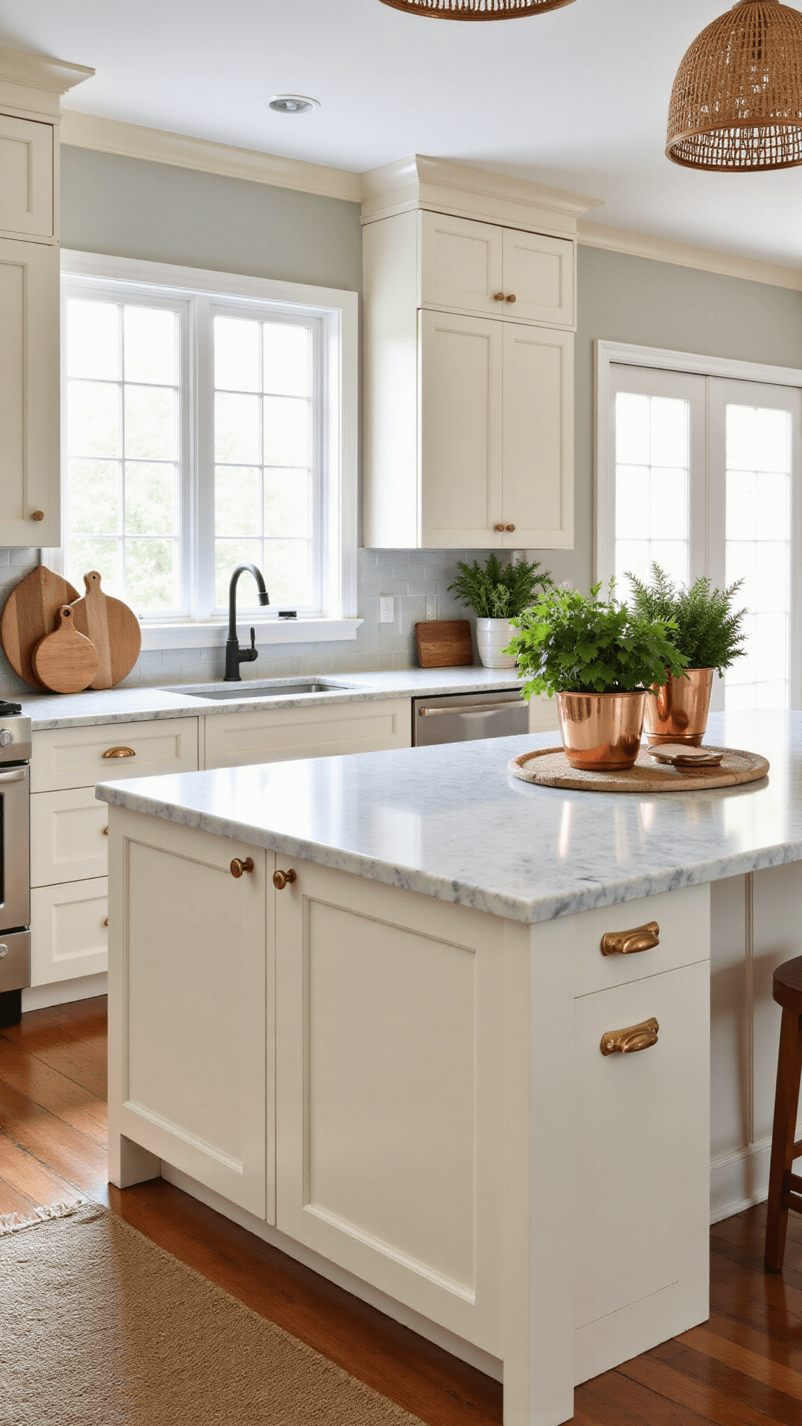 Sunlit spacious kitchen with cream cabinets, a marble-topped island, and artisanal decor highlighting natural textures and fresh herbs.