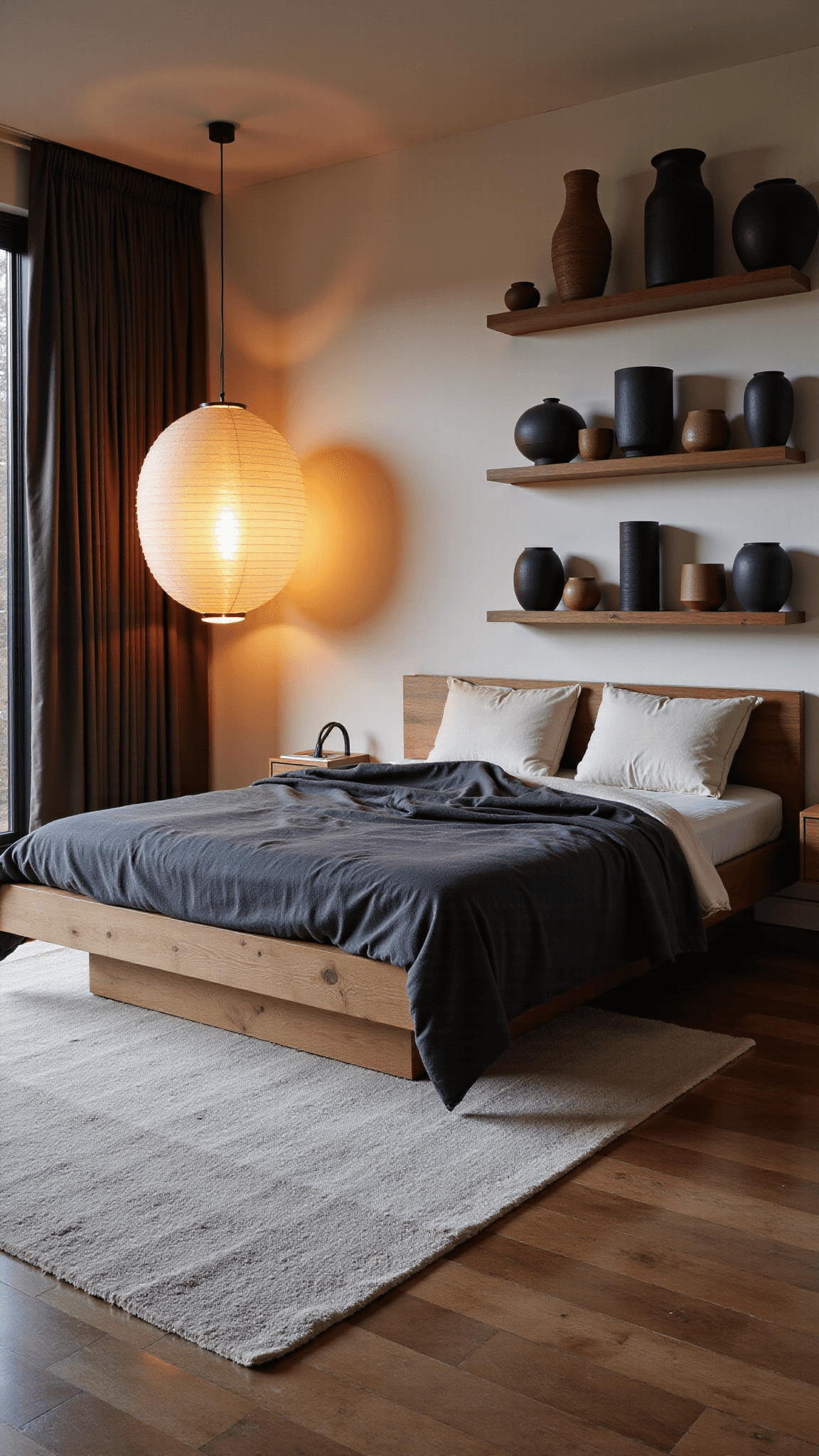 Elegant master bedroom featuring a Japandi artisanal bed, layered linen and cashmere bedding, a minimalist pottery collection on floating shelves, and a large-scale paper lantern during the golden hour.