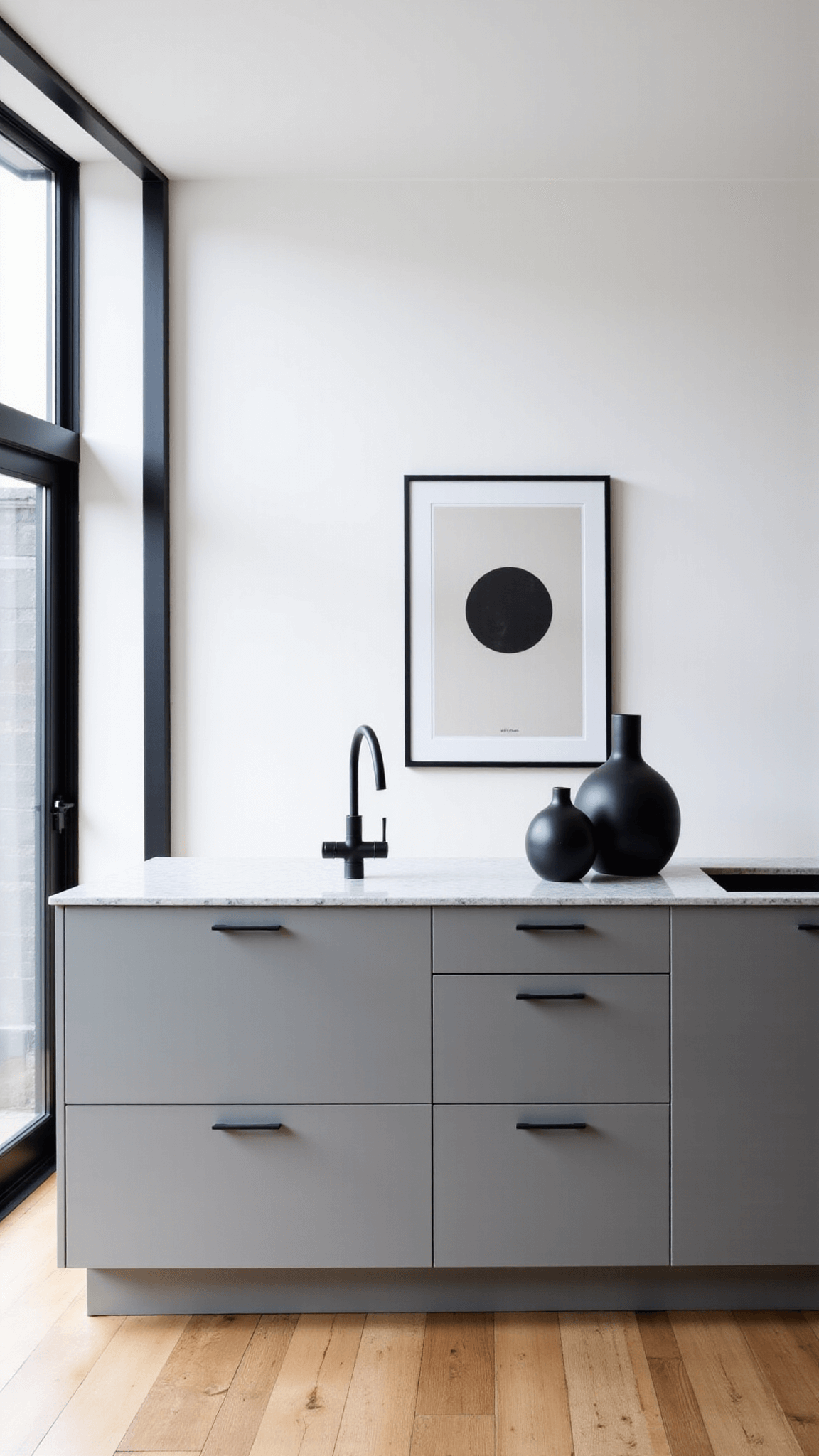 Minimalist gray kitchen with black accents and a quartz island, illuminated by late afternoon light casting soft shadows, shot from a corner angle.