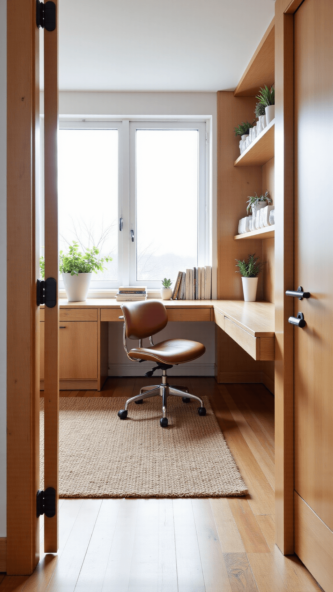Bright and compact 8x10ft home office with bleached oak floating desk, cognac leather chair, white ceramics and art books on open shelving, and textured sisal rug, shot from doorway.